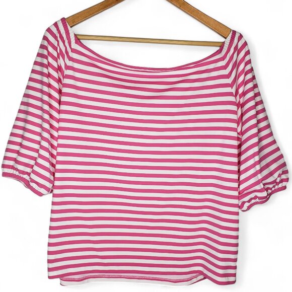 J. McLaughlin Top Women's Pink Striped Off The Shoulder Puff Sleeve Nautical L - Picture 2 of 4